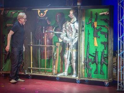 We created Adam Savage's portable weapons cabinet for the MythBusters "Behind the Myths" live traveling world tour. 	